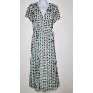 eShakti Women Colorful Owl Wrap Maxi Dress Size L Short Sleeve V Neck Whimsy